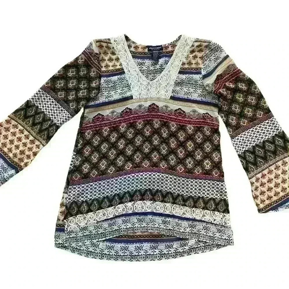 About a Girl Los Angeles Peasant Blouse Size S Boho Sheer Multi Colored Sleeves - Picture 9 of 13